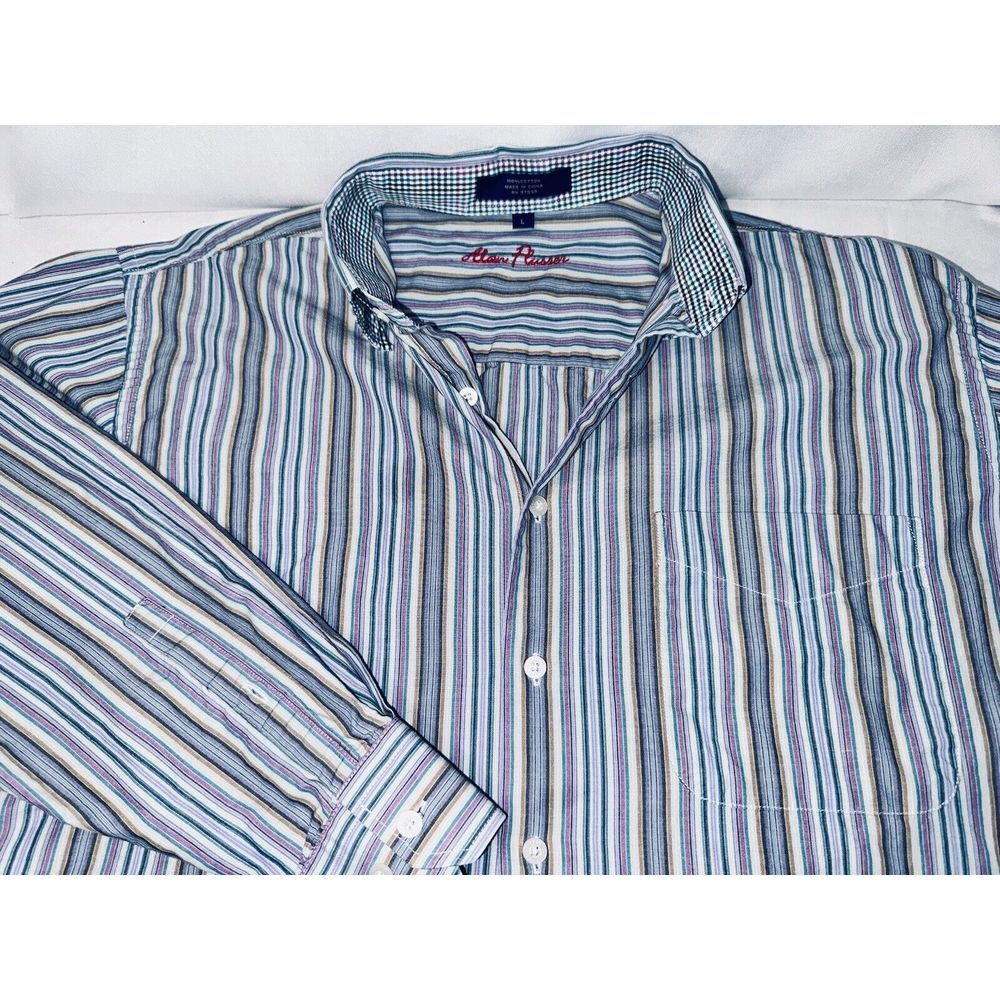 Alan Flusser Men's Large L Button Up Shirt Long Sleeve Blue Purple‎ Stripes